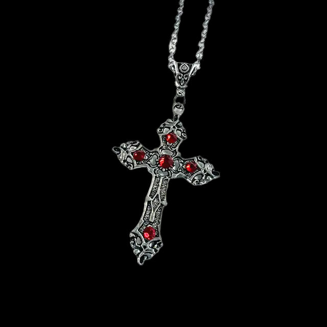 Gothic Red Ruby Cross Necklace